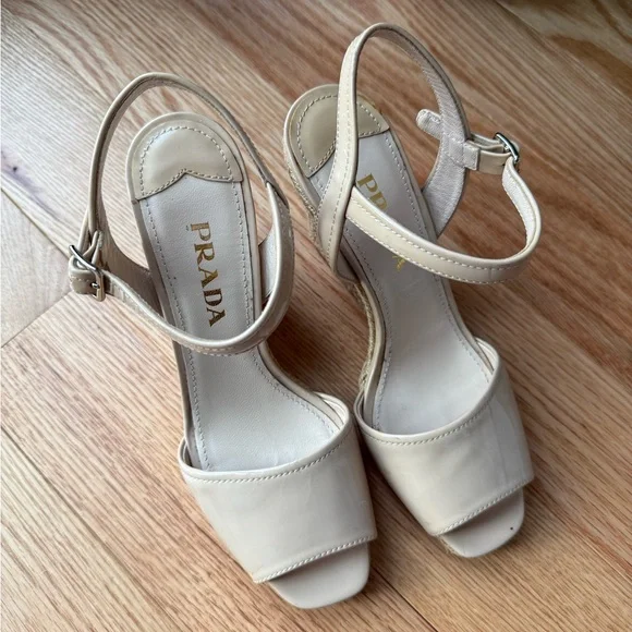 Prada Patent Leather Nude Espadrille Wedge Sandals Size 36.5 US 6.5 - Picture 2 of 9
